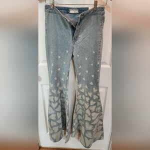 Free People Light Blue Heart Pattern Flare Jeans